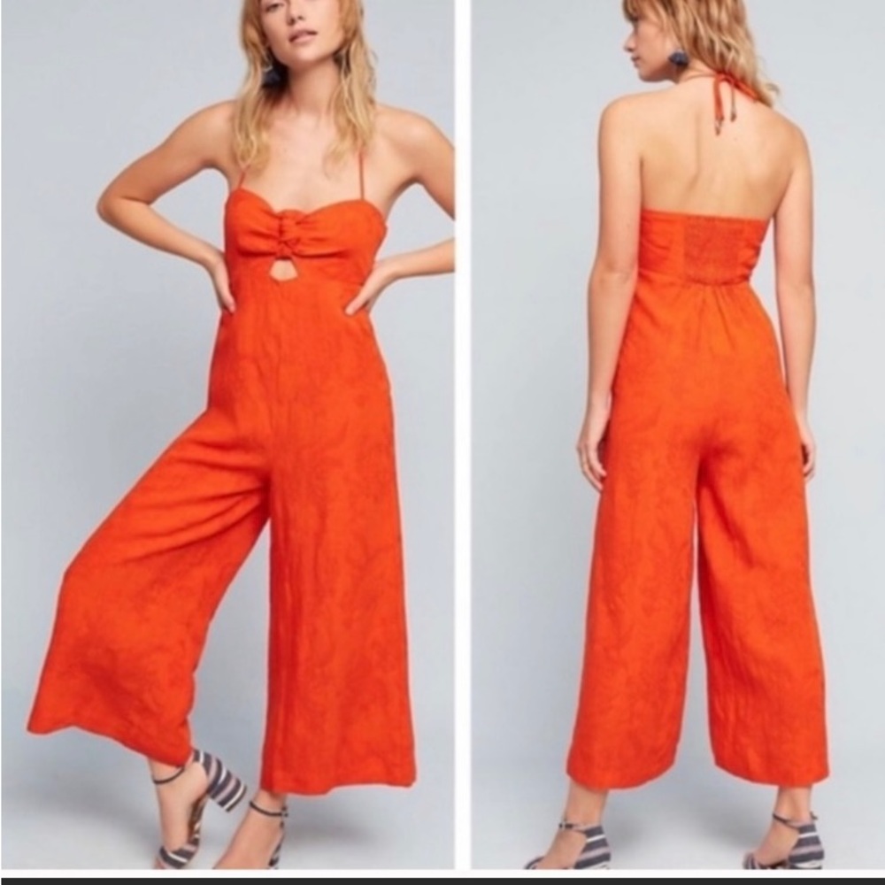 Anthropologie Elevenses Tropicale Orange Knotted Front Wide Leg Cropped jumpsuit